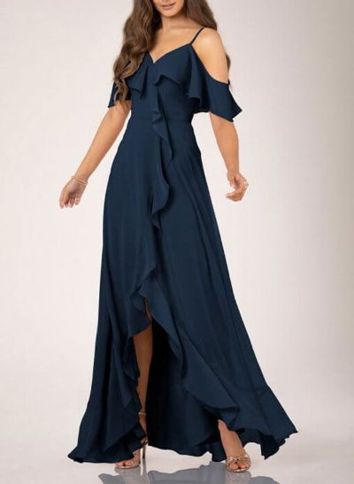 A-Line V-Neck Sleeveless Chiffon Floor-Length Bridesmaid Dresses WIth Cascading Ruffles