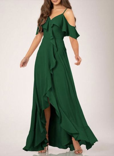 A-Line V-Neck Sleeveless Chiffon Floor-Length Bridesmaid Dresses WIth Cascading Ruffles