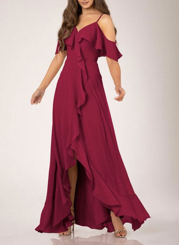 A-Line V-Neck sleeveless chiffon floor-Length Bridesmaid Dresses WIth Cascading Ruffles