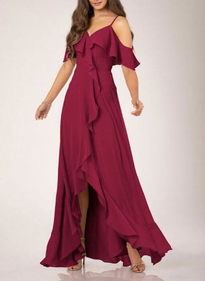 A-Line V-Neck Sleeveless Chiffon Floor-Length Bridesmaid Dresses WIth Cascading Ruffles