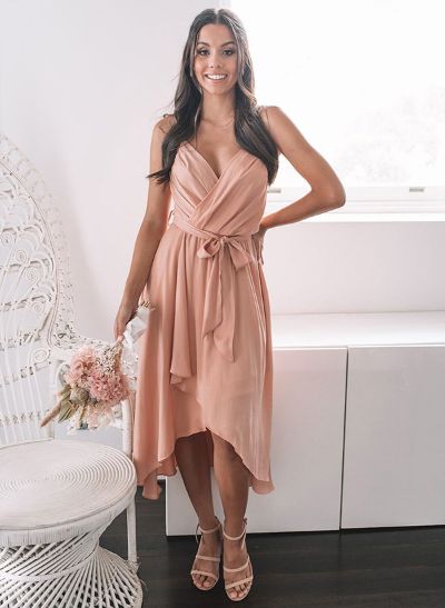 A-Line V-Neck Sleeveless Spaghetti Straps Chiffon Asymmetrical Bridesmaid Dresses With Pleated Sash