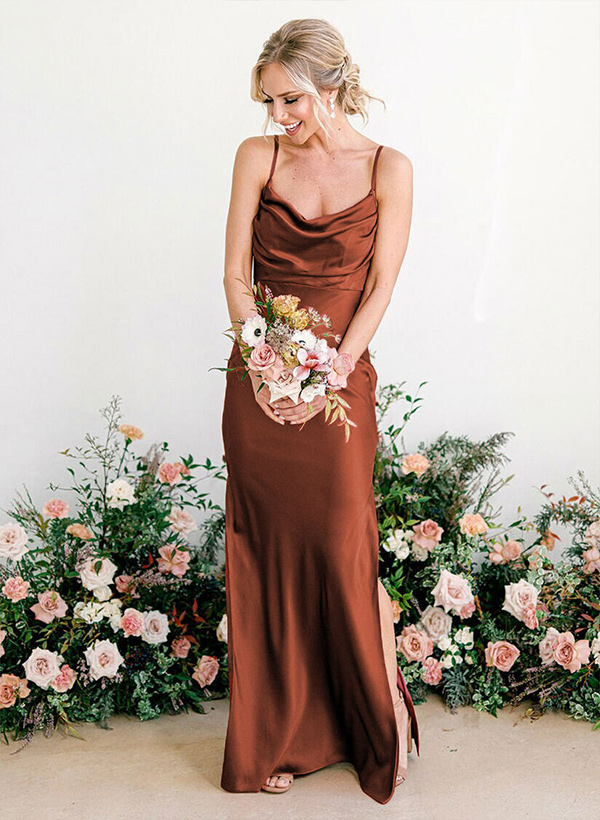 Sheath/Column Cowl Neck Sleeveless Silk Like Satin Floor-Length Bridesmaid Dresses With Split Front