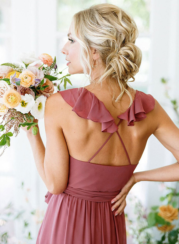 A-Line V-Neck Sleeveless Chiffon Floor-Length Bridesmaid Dresses With Pleated Cascading Ruffles