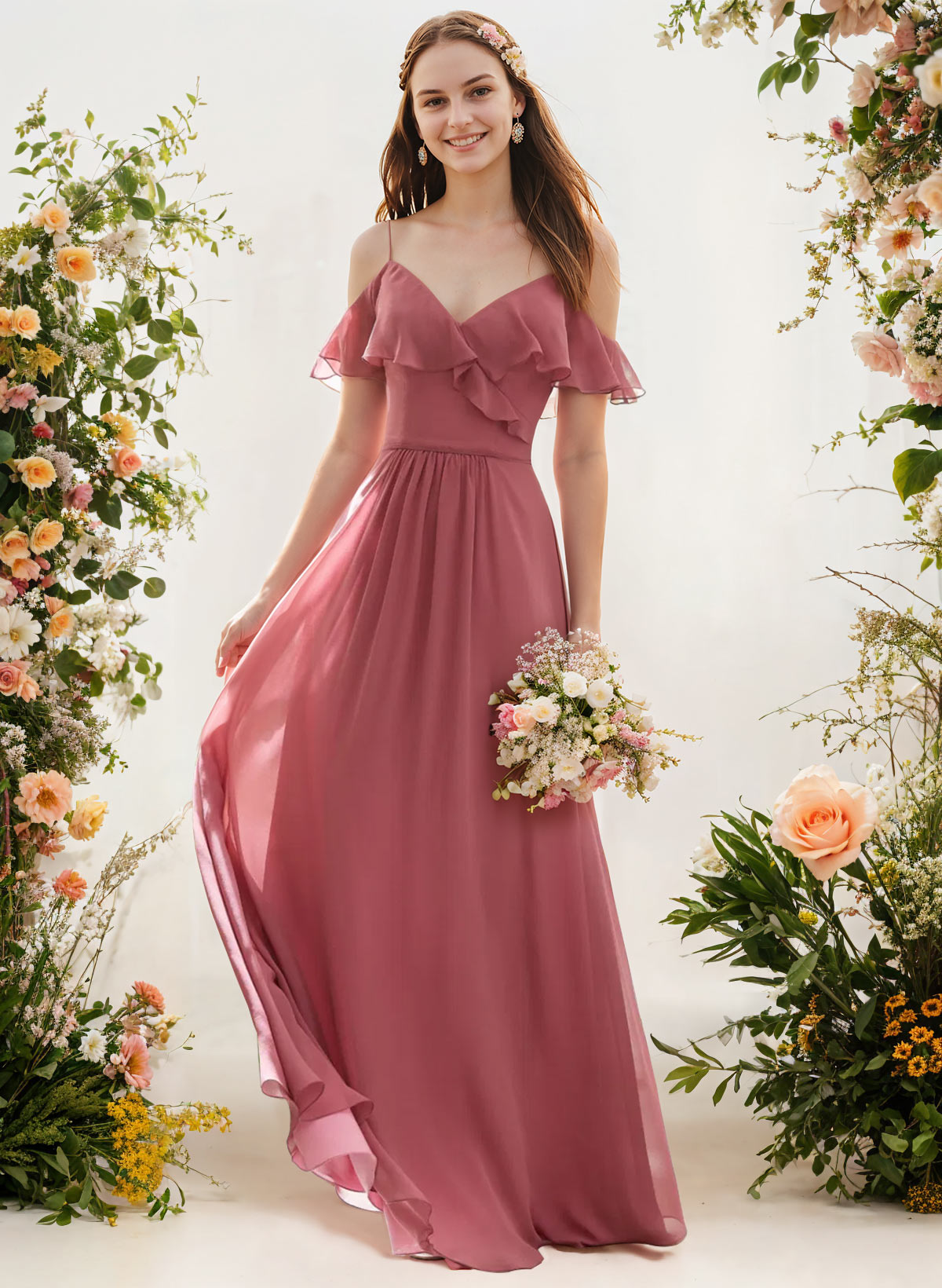 A-Line V-Neck Sleeveless Chiffon Floor-Length Bridesmaid Dresses With Pleated Ruffle