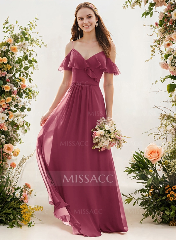 A-Line V-Neck Sleeveless Chiffon Floor-Length Bridesmaid Dresses With Pleated Ruffle
