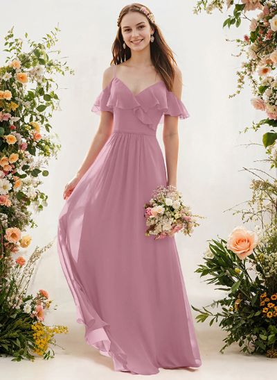 A-Line V-Neck Sleeveless Chiffon Floor-Length Bridesmaid Dresses With Pleated Ruffle