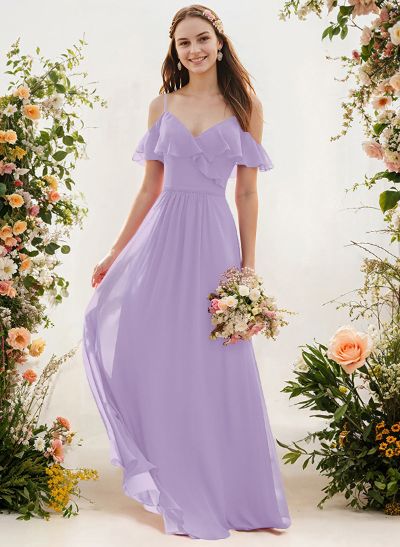 A-Line V-Neck Sleeveless Chiffon Floor-Length Bridesmaid Dresses With Pleated Ruffle