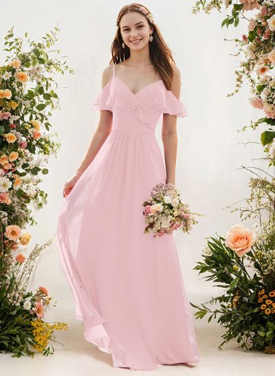 A-Line V-Neck Sleeveless Chiffon Floor-Length Bridesmaid Dresses With Pleated Ruffle