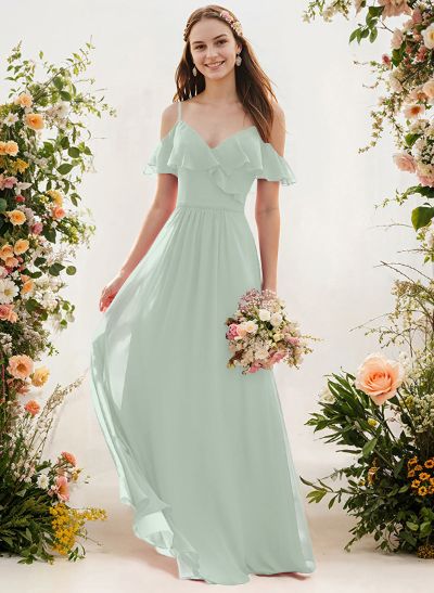 A-Line V-Neck Sleeveless Chiffon Floor-Length Bridesmaid Dresses With Pleated Ruffle