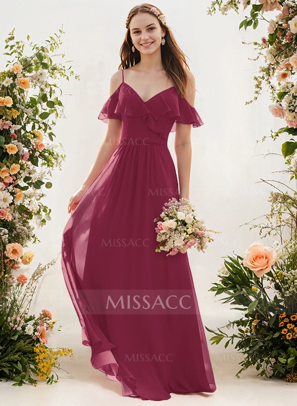 A-Line V-Neck Sleeveless Chiffon Floor-Length Bridesmaid Dresses With Pleated Ruffle