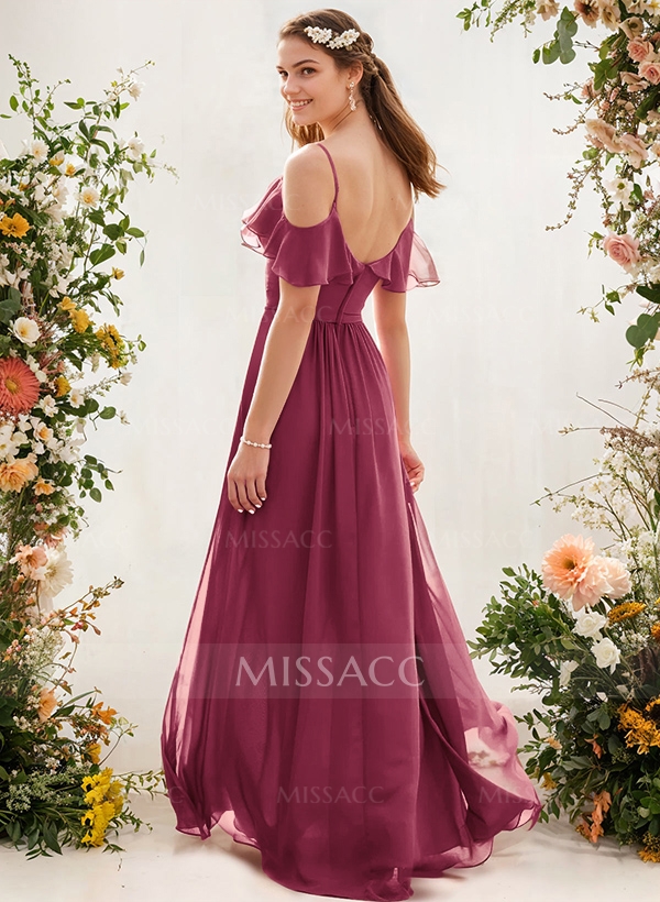 A-Line V-Neck Sleeveless Chiffon Floor-Length Bridesmaid Dresses With Pleated Ruffle