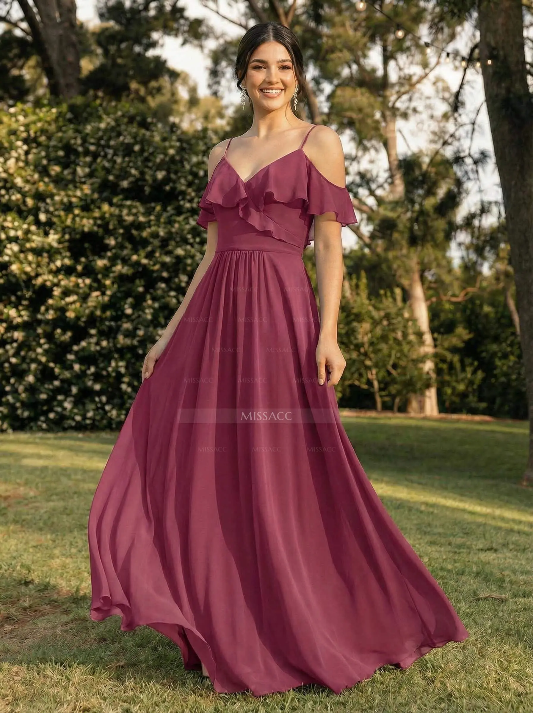 A-Line V-Neck Sleeveless Chiffon Floor-Length Bridesmaid Dresses With Pleated Ruffle #SBD10142  $109