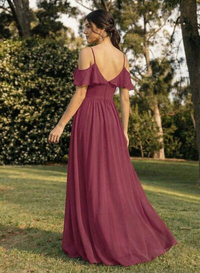 A-Line V-Neck Sleeveless Chiffon Floor-Length Bridesmaid Dresses With Pleated Ruffle