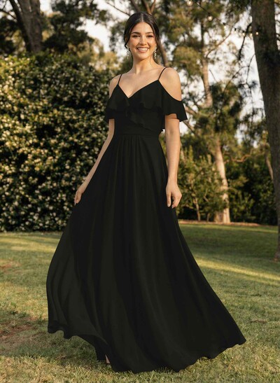 A-Line V-Neck Sleeveless Chiffon Floor-Length Bridesmaid Dresses With Pleated Ruffle