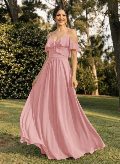 A-Line V-Neck Sleeveless Chiffon Floor-Length Bridesmaid Dresses With Pleated Ruffle