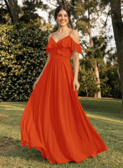 A-Line V-Neck Sleeveless Chiffon Floor-Length Bridesmaid Dresses With Pleated Ruffle