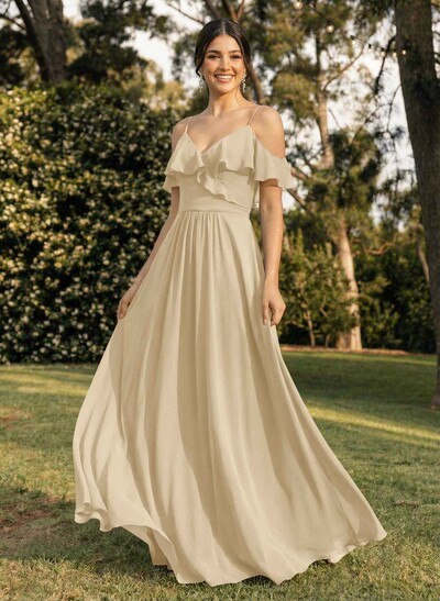 A-Line V-Neck Sleeveless Chiffon Floor-Length Bridesmaid Dresses With Pleated Ruffle