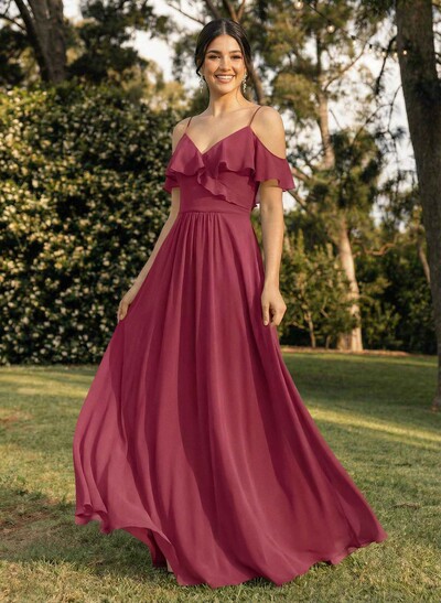A-Line V-Neck Sleeveless Chiffon Floor-Length Bridesmaid Dresses With Pleated Ruffle