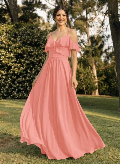 A-Line V-Neck Sleeveless Chiffon Floor-Length Bridesmaid Dresses With Pleated Ruffle