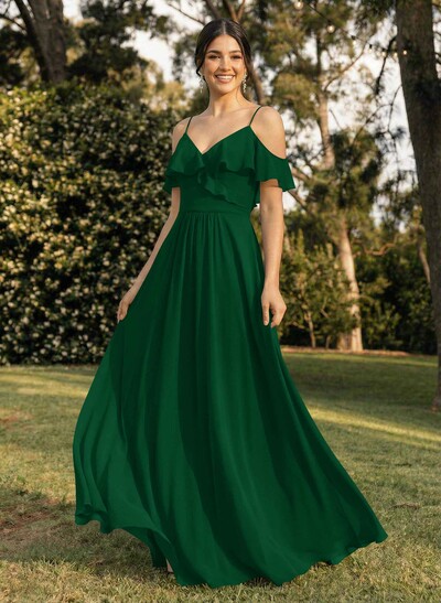 A-Line V-Neck Sleeveless Chiffon Floor-Length Bridesmaid Dresses With Pleated Ruffle