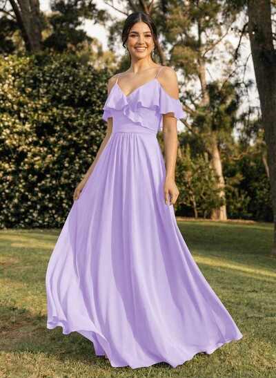 A-Line V-Neck Sleeveless Chiffon Floor-Length Bridesmaid Dresses With Pleated Ruffle