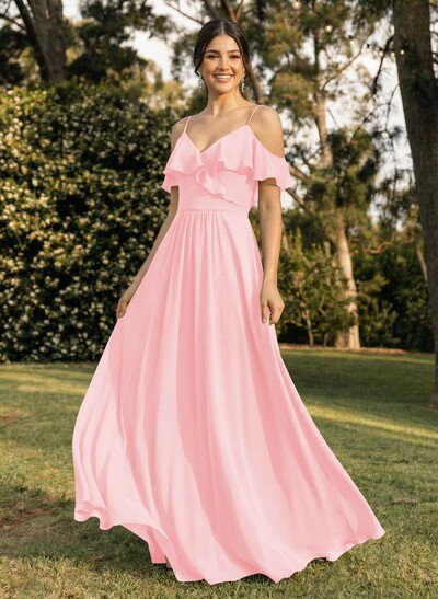 A-Line V-Neck Sleeveless Chiffon Floor-Length Bridesmaid Dresses With Pleated Ruffle