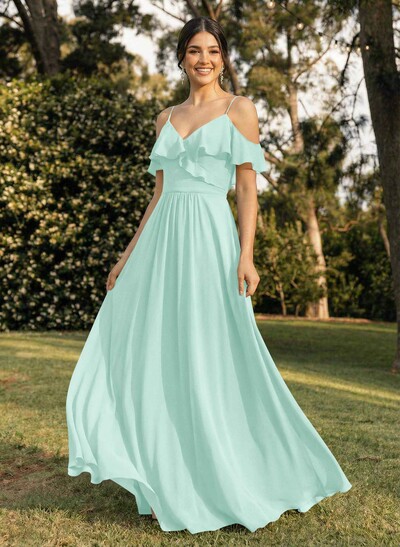 A-Line V-Neck Sleeveless Chiffon Floor-Length Bridesmaid Dresses With Pleated Ruffle