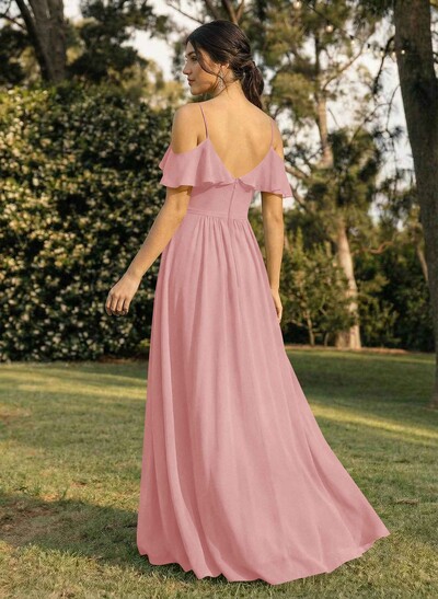A-Line V-Neck Sleeveless Chiffon Floor-Length Bridesmaid Dresses With Pleated Ruffle