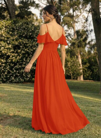 A-Line V-Neck Sleeveless Chiffon Floor-Length Bridesmaid Dresses With Pleated Ruffle