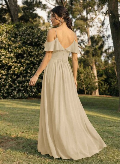 A-Line V-Neck Sleeveless Chiffon Floor-Length Bridesmaid Dresses With Pleated Ruffle