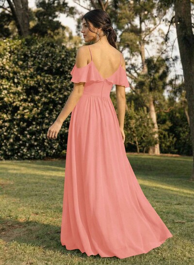A-Line V-Neck Sleeveless Chiffon Floor-Length Bridesmaid Dresses With Pleated Ruffle
