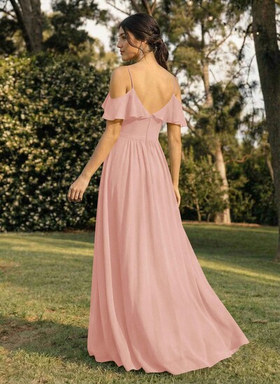 A-Line V-Neck Sleeveless Chiffon Floor-Length Bridesmaid Dresses With Pleated Ruffle