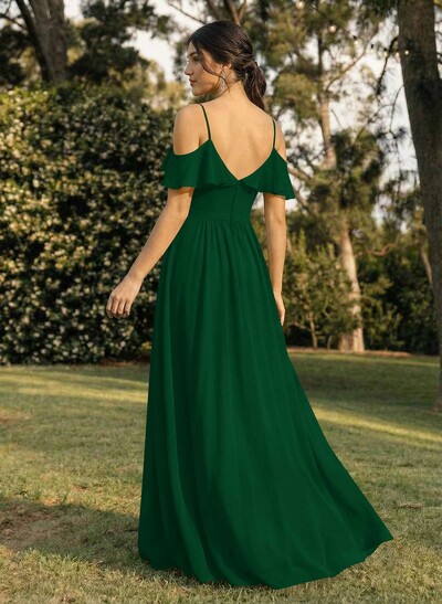 A-Line V-Neck Sleeveless Chiffon Floor-Length Bridesmaid Dresses With Pleated Ruffle