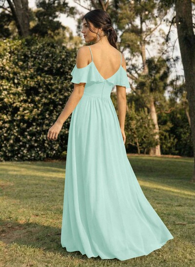 A-Line V-Neck Sleeveless Chiffon Floor-Length Bridesmaid Dresses With Pleated Ruffle