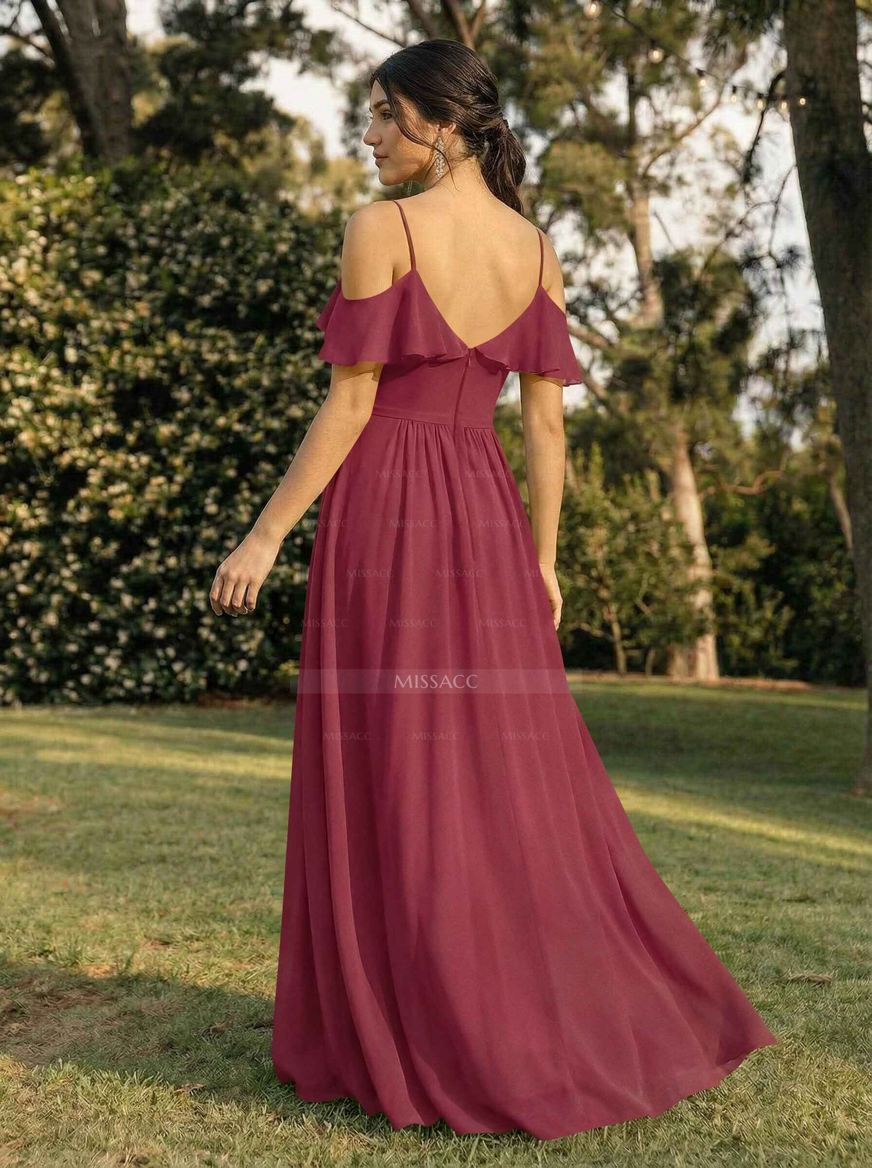 A-Line V-Neck Sleeveless Chiffon Floor-Length Bridesmaid Dresses With Pleated Ruffle