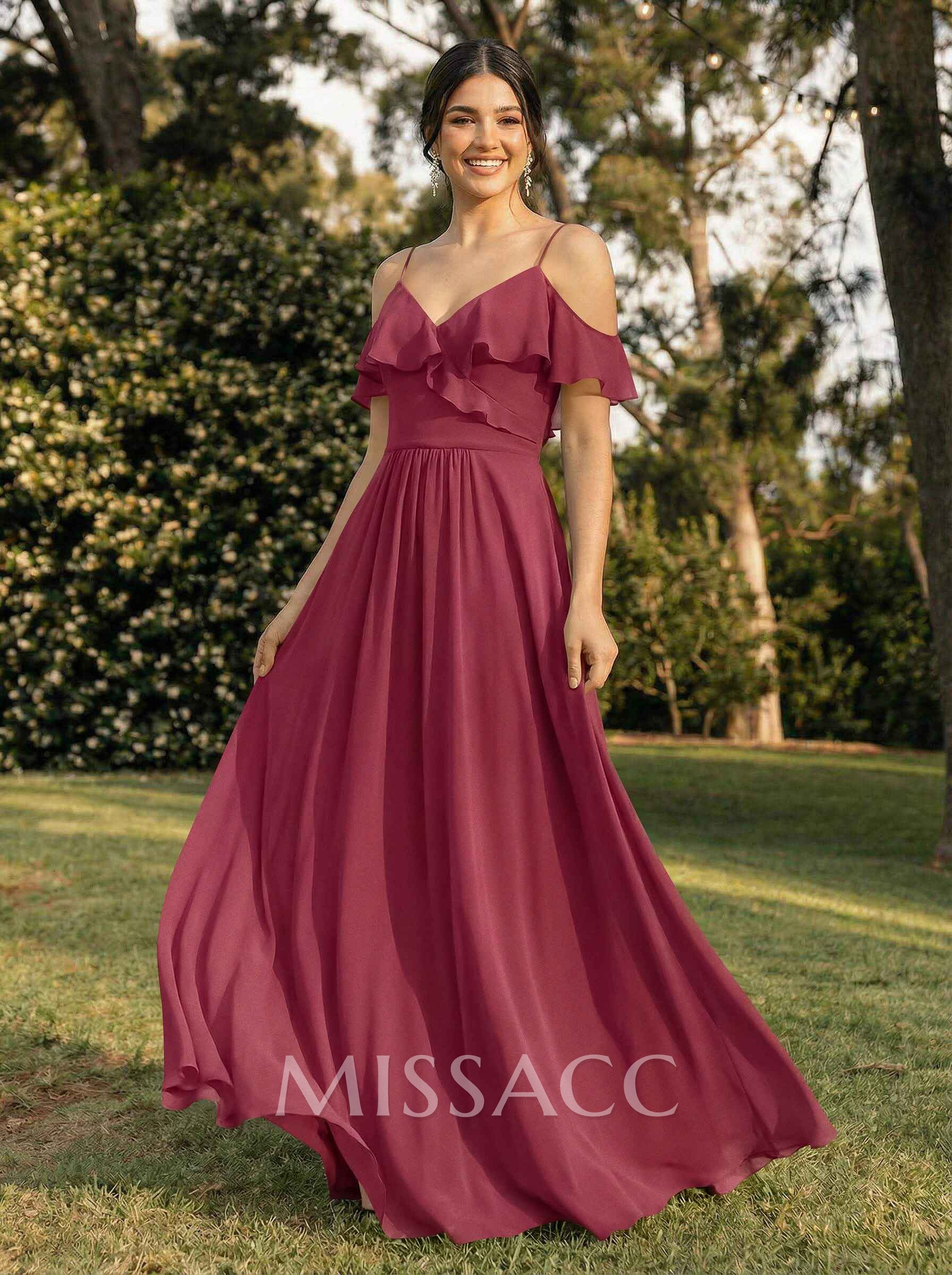 A-Line V-Neck Sleeveless Chiffon Floor-Length Bridesmaid Dresses With Pleated Ruffle