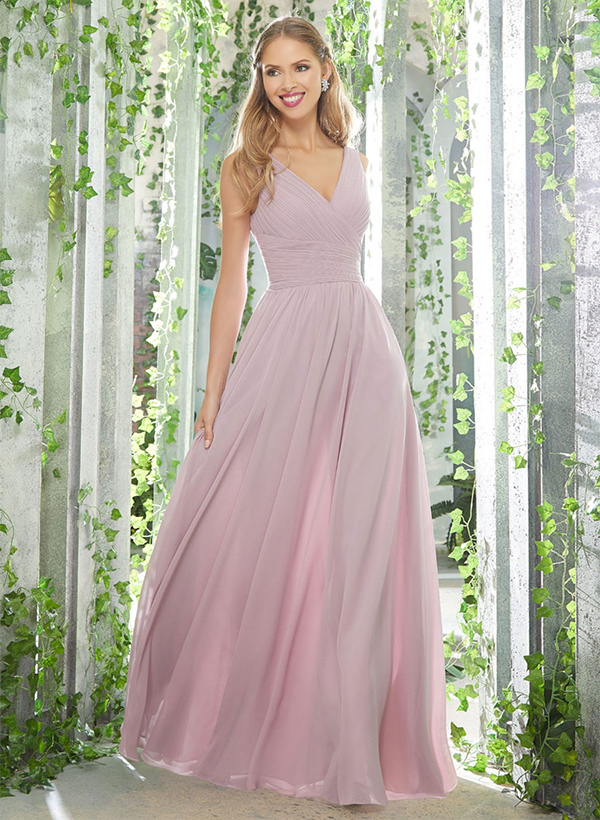 A-Line V-Neck Sleeveless Chiffon Floor-Length Bridesmaid Dresses With Pleated