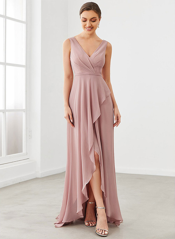 A-Line V-Neck Sleeveless Regular Straps Chiffon Asymmetrical Bridesmaid Dresses With Ruffle