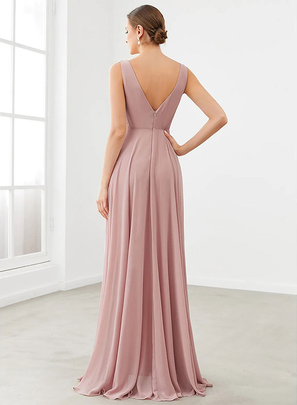 A-Line V-Neck Sleeveless Regular Straps Chiffon Asymmetrical Bridesmaid Dresses With Ruffle