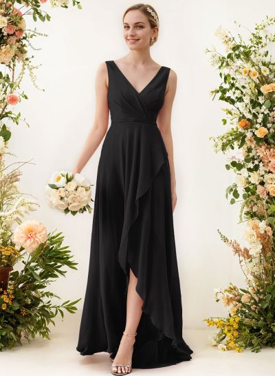 A-Line V-Neck Sleeveless Regular Straps Chiffon Asymmetrical Bridesmaid Dresses With Ruffle