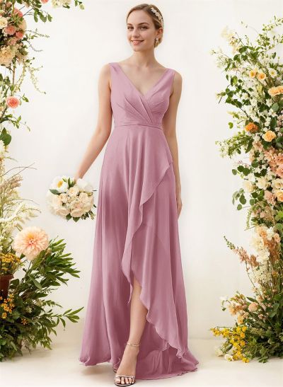 A-Line V-Neck Sleeveless Regular Straps Chiffon Asymmetrical Bridesmaid Dresses With Ruffle