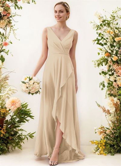 A-Line V-Neck Sleeveless Regular Straps Chiffon Asymmetrical Bridesmaid Dresses With Ruffle