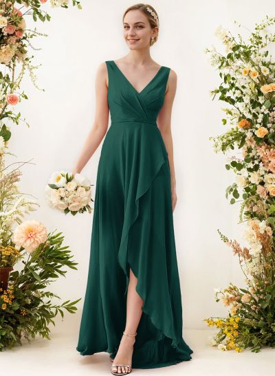 A-Line V-Neck Sleeveless Regular Straps Chiffon Asymmetrical Bridesmaid Dresses With Ruffle