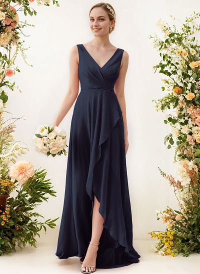 A-Line V-Neck Sleeveless Regular Straps Chiffon Asymmetrical Bridesmaid Dresses With Ruffle