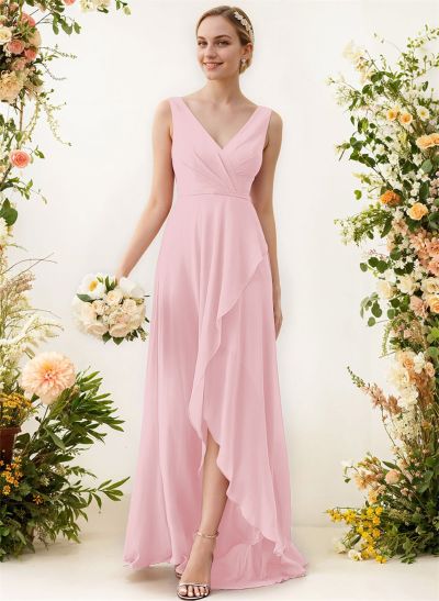 A-Line V-Neck Sleeveless Regular Straps Chiffon Asymmetrical Bridesmaid Dresses With Ruffle