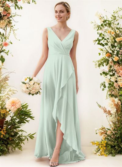 A-Line V-Neck Sleeveless Regular Straps Chiffon Asymmetrical Bridesmaid Dresses With Ruffle