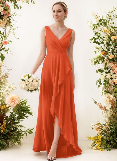 A-Line V-Neck Sleeveless Regular Straps Chiffon Asymmetrical Bridesmaid Dresses With Ruffle