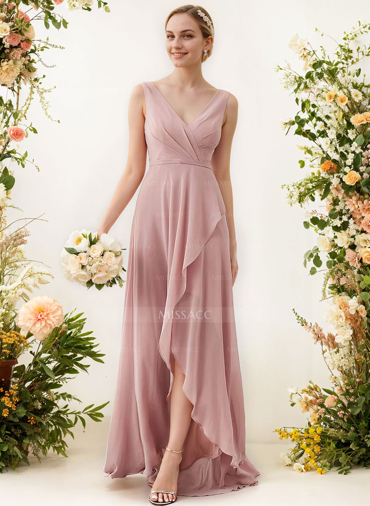 A-Line V-Neck Sleeveless Regular Straps Chiffon Asymmetrical Bridesmaid Dresses With Ruffle