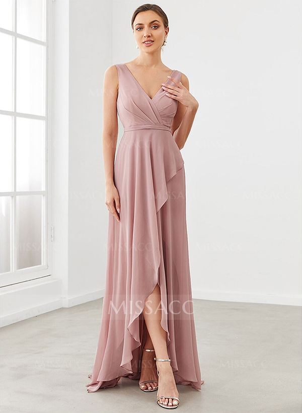 A-Line V-Neck Sleeveless Regular Straps Chiffon Asymmetrical Bridesmaid Dresses With Ruffle