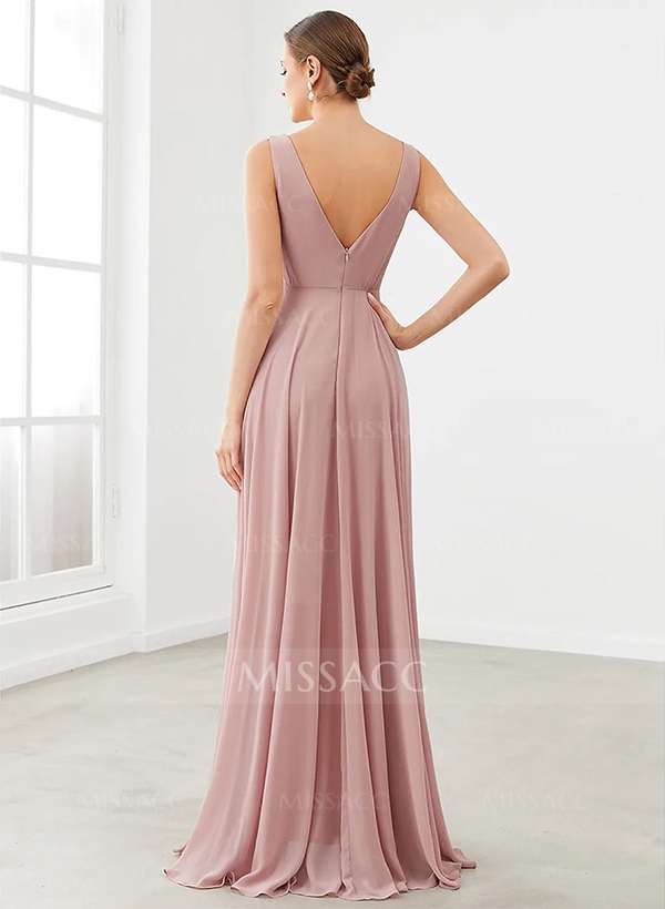 A-Line V-Neck Sleeveless Regular Straps Chiffon Asymmetrical Bridesmaid Dresses With Ruffle